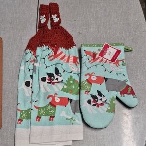 2 Dog Print Crochet Top Towels And An Oven Mit Kitchen Set - Red and Green